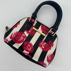 Betsey Johnson Black Stripe Rose Dome Satchel Handbag‎ Purse